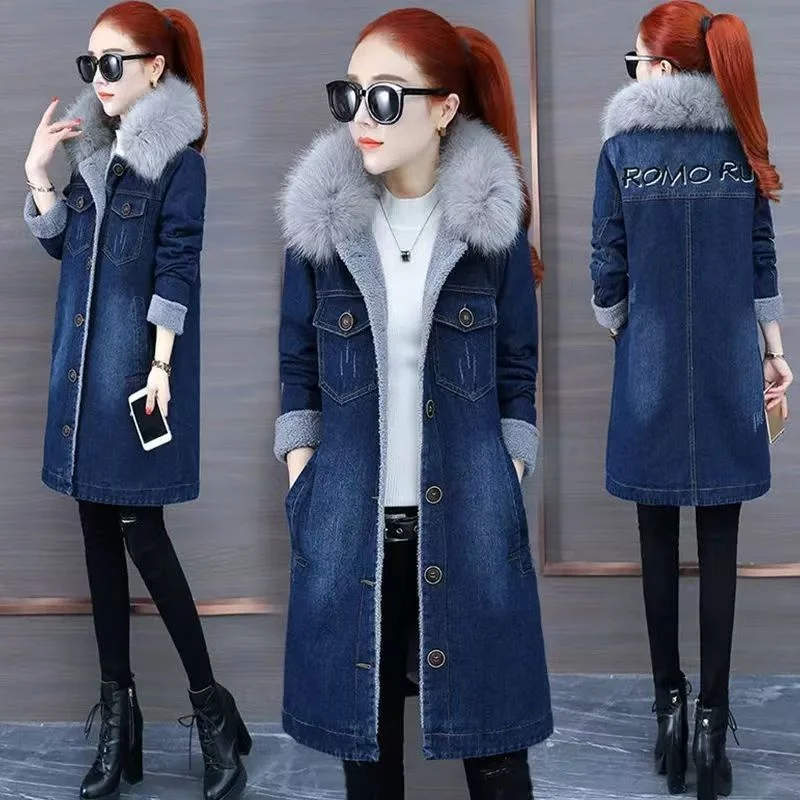 Fur-necked Denim Coat Female Plus Velvet Thickening Long Denim Clothes Autumn And Winter In 2024 Cotton-padded Warm Trench Coat