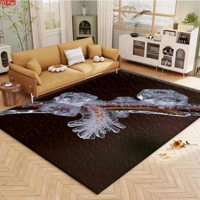 Winter Ice Crystal Frost Branch Carpet Flooring, Natural Frozen Twig Non-Slip Area Rug for Living Room Bedroom Home Decor