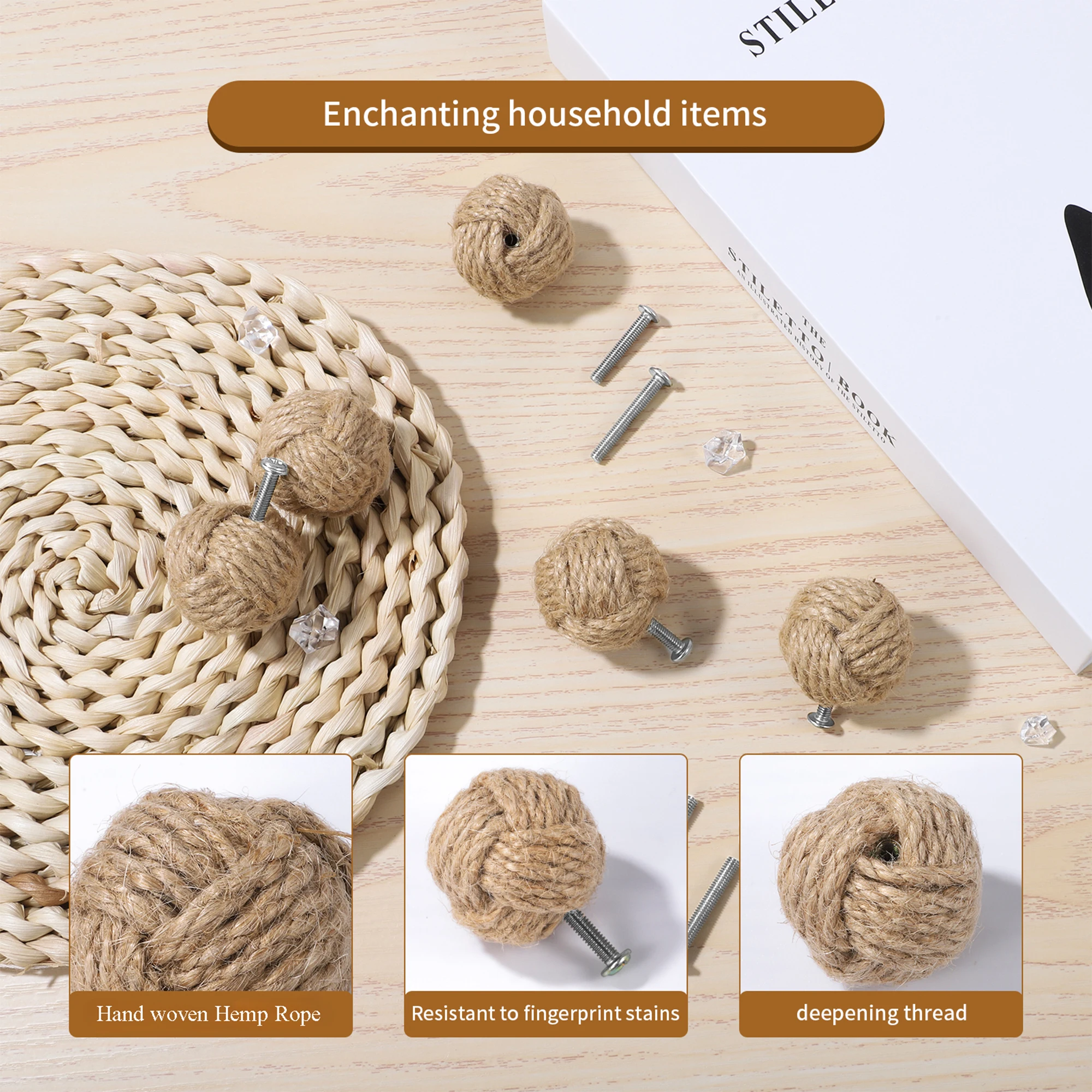 Hemp Rope Drawer Knobs Round Handmade Cabinets Dresser Handles Kitchen Cupboard Wardrobe Door Pulls for Furniture