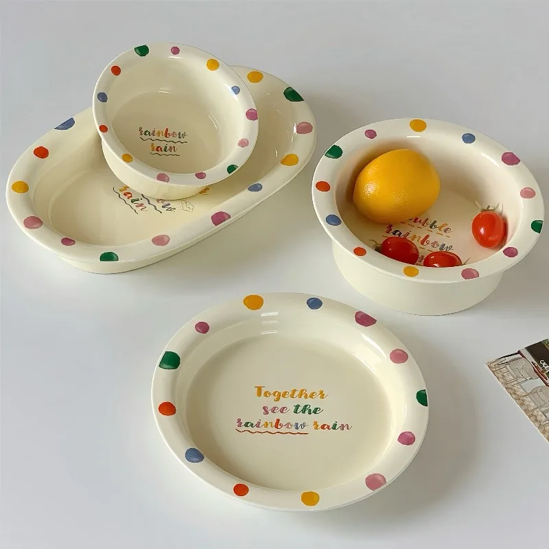 

Cream polka dot ceramic yogurt bowl ins style high value creative breakfast bowl cute dessert bowl