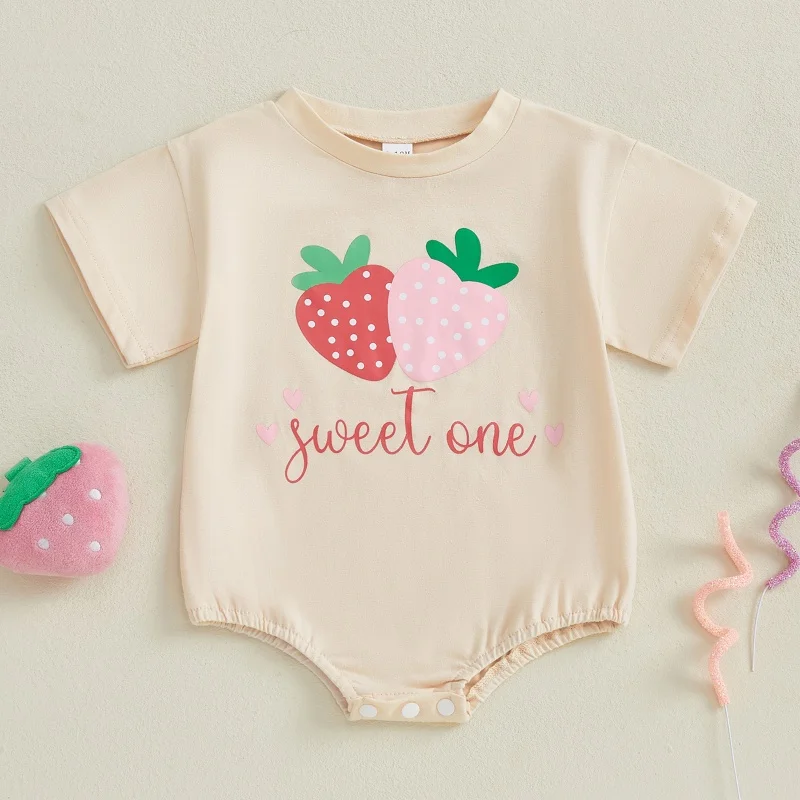 

Listenwind Baby Girl Summer Romper Strawberry Letter Print O-Neck Short Sleeve Loose Fit Infant Jumpsuit for Daily & Birthday