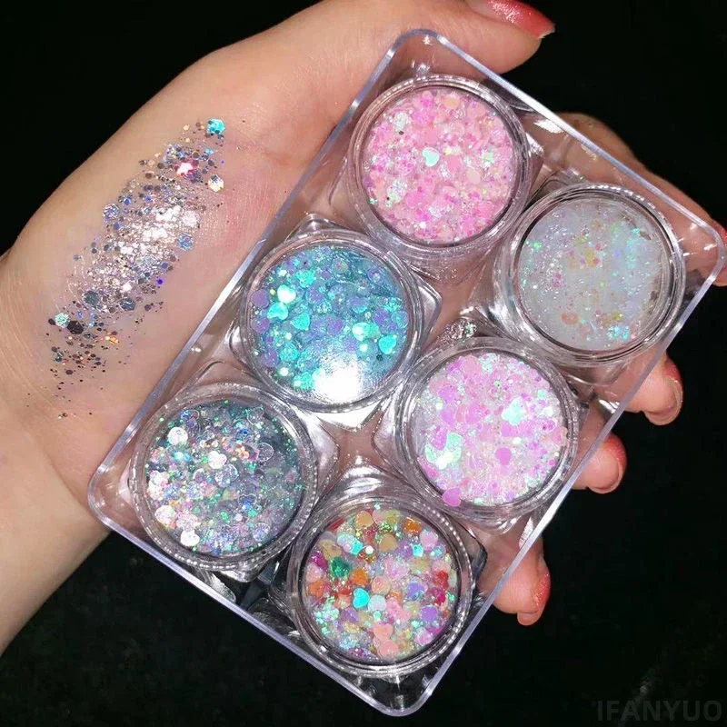 Heallor-Gel de lentejuelas de 6 colores, paleta de sombras de ojos, maquillaje de Ojos de diamante, pelo, cuerpo, cara, brillo, Flash artístico, lentejuelas sueltas