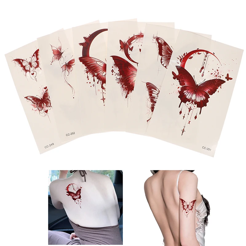 6Pcs/Set Red Butterfly Waterproof Temporary Tattoo Stickers Arm Ankle Female Fake Tattoo Collarbone Flower Art Tatoo