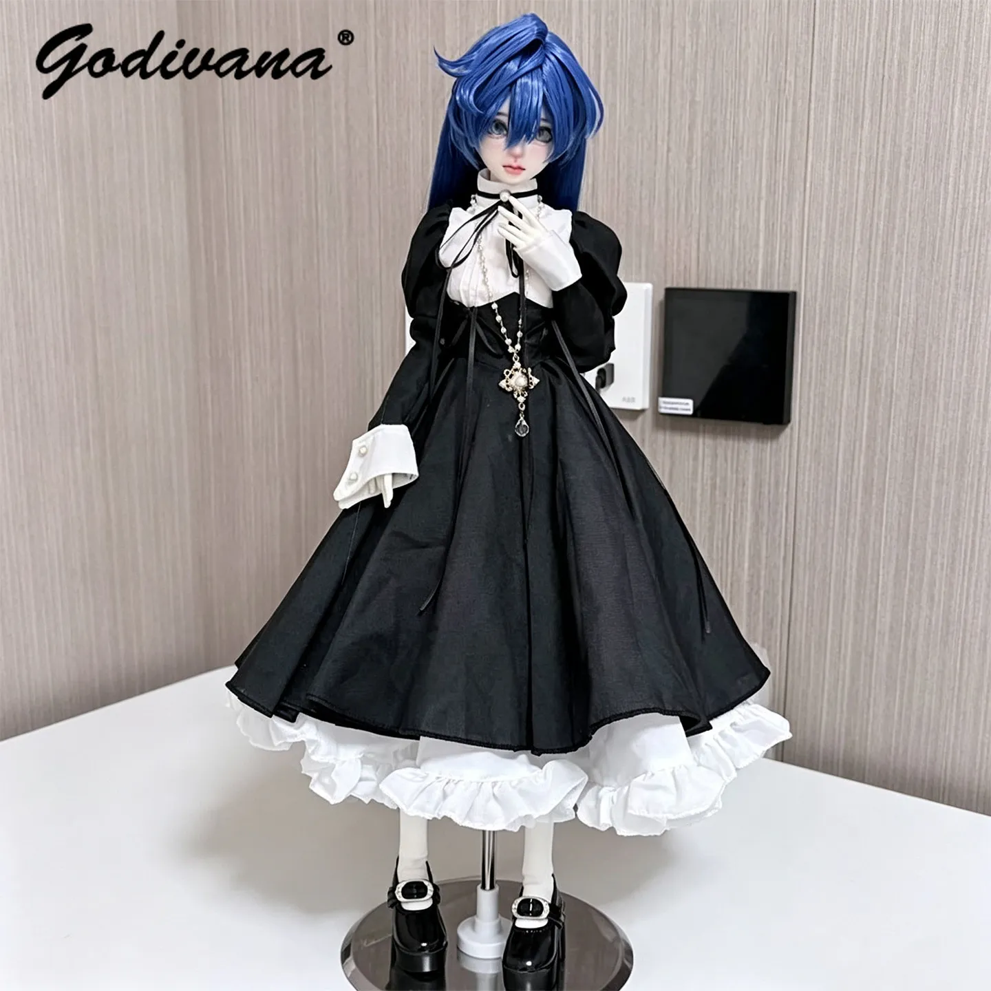 1/4 Special 1/6 Bjd Dress Elegant Sweet Black Swan Gothic Lolita Princess Maxi Gown Long Sleeve Ruffle Trim High Waist Dresses