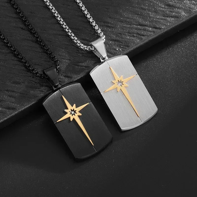 Men's Stainless Steel Cross Inlaid Zircon Military Brand Pendant Necklace Personalized Casual Titanium Steel Jewelry