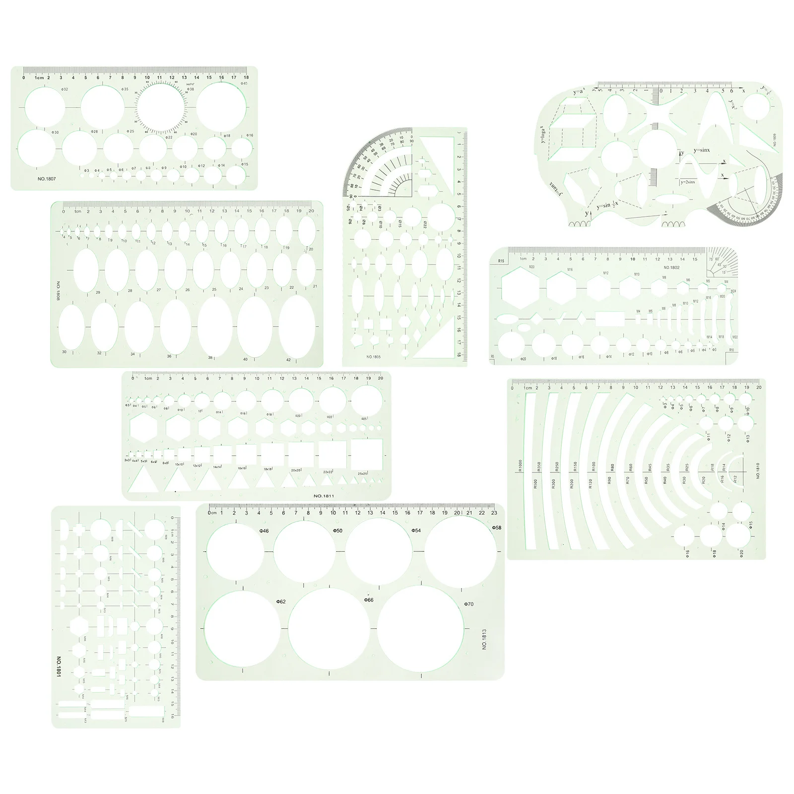 9pcs Measuring Template Ruler Plastic Geometric Drawing Stencils Set For Office Home School Architecture Engineering Artwork