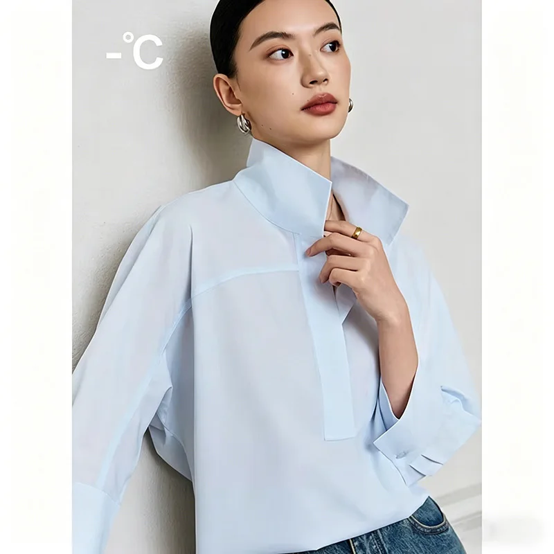 

Stand Collar Oversized Shirts Spring Summer Three-Quarter Sleeves Loose Cool Non-Iron Shirt