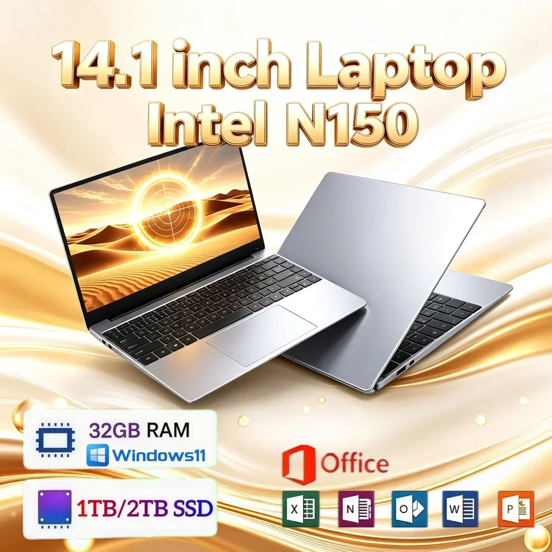 14.1 Inch Durable Ultra Slim Laptop Intel Core N150 16/32GB RAM 1/2TB BIG SSD Bright Windows11 Portable Laptop Office Study