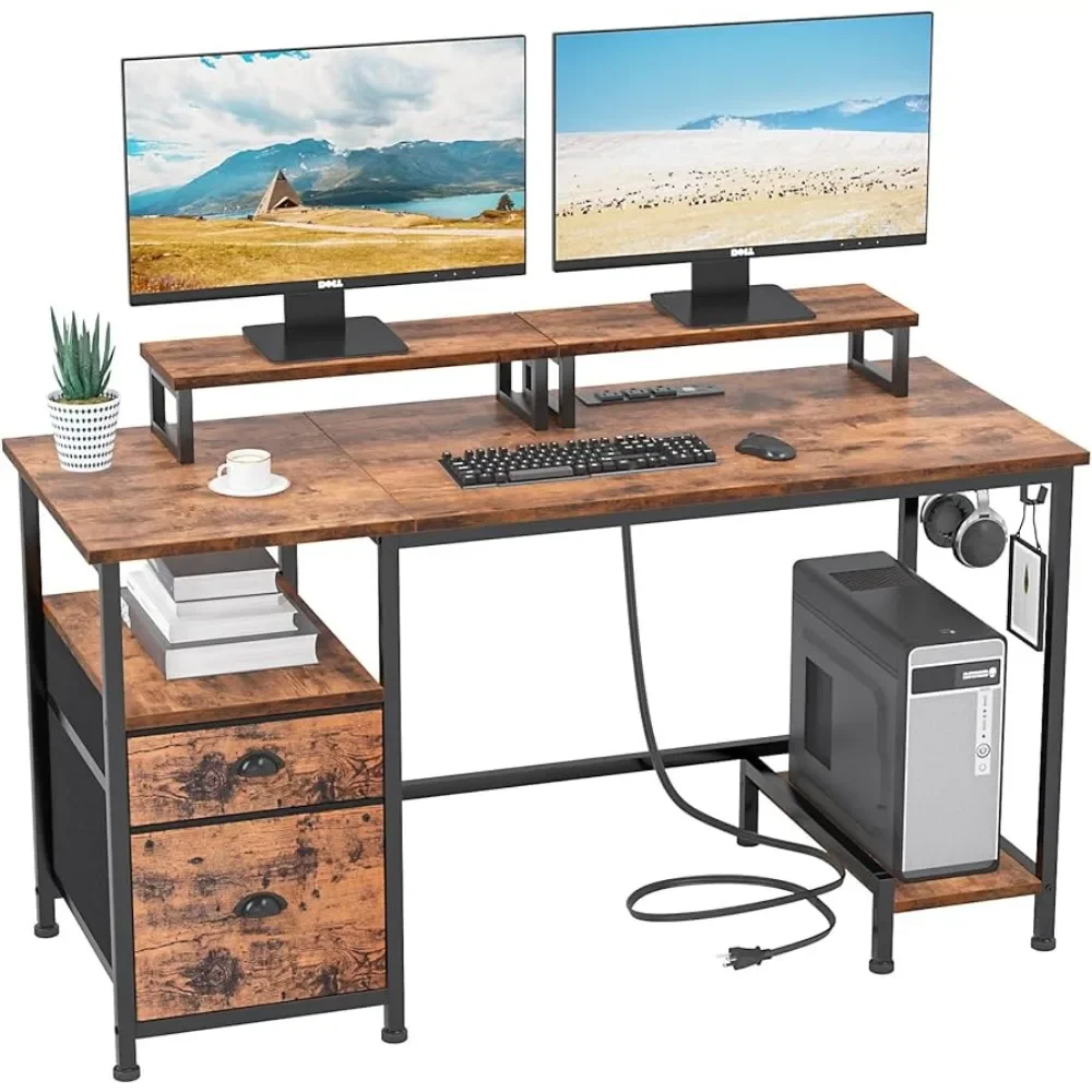 

Writing Gaming Table With Shelves and 2 Hooks for Home Office Computer Desk Rustic BrownFreight Free Furniture