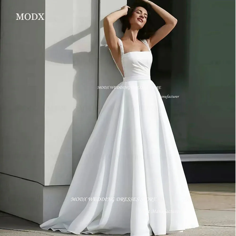 

MODX Elegant Wedding Gowns Pearl Strap Sexy Side Split Bride Dresses Satin White Women Wedding Party Dress 2025 Bridal Gown