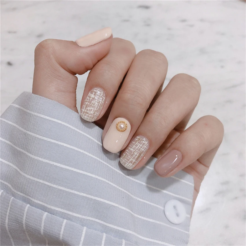 24 pçs/set nude glitter removível usando unhas falsas strass linha arco design imprensa no prego médio longo acrílico unhas falsas dicas