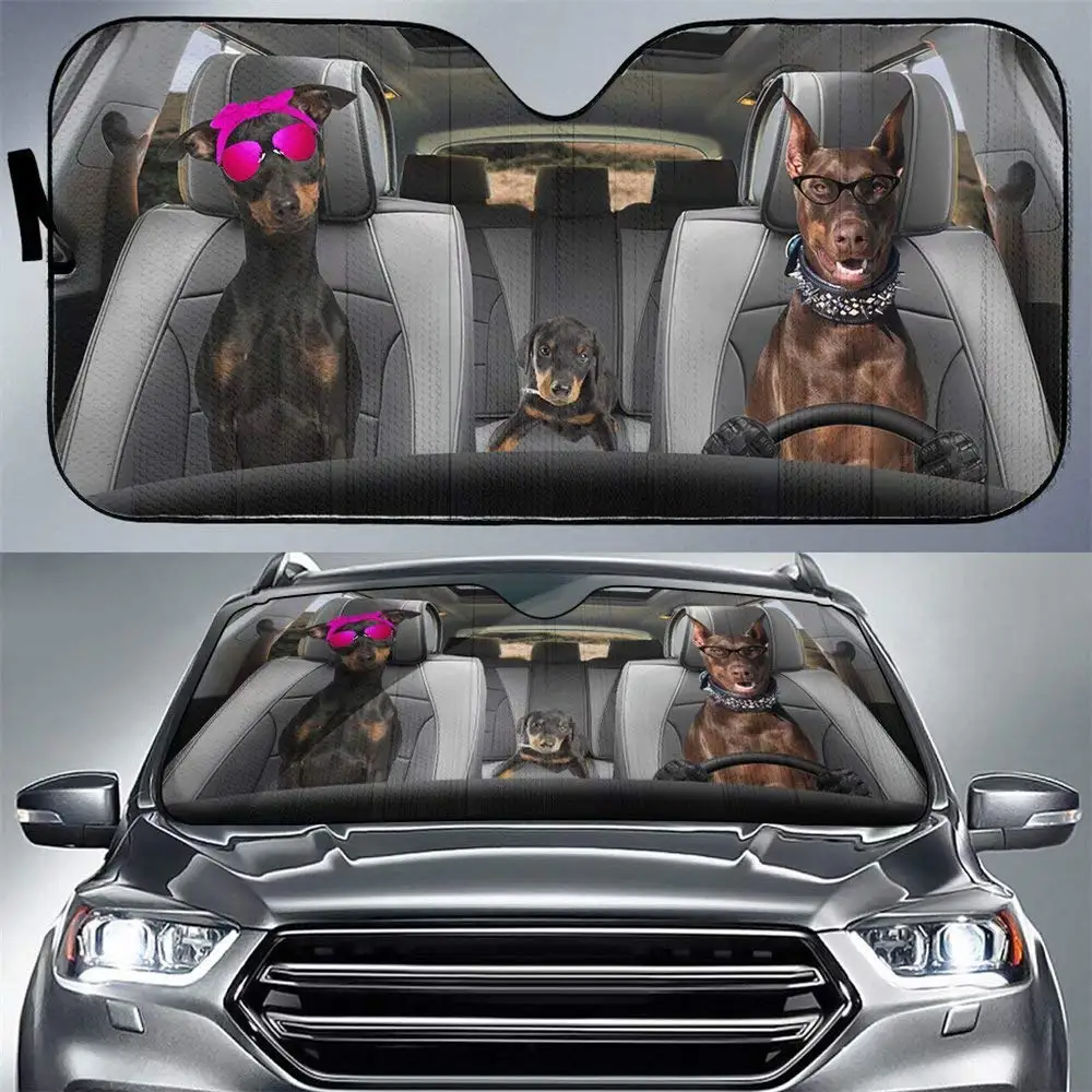 Dobermann Dog Family Auto Car Sunshade, Dog Car Sun Shade, Dobermann Car Decoration, Dog Lover Gifts