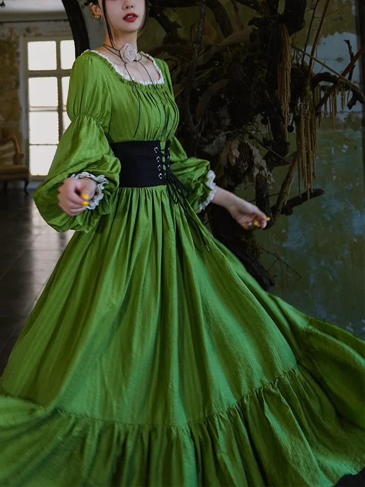 

Spring Autumn Women Palace Retro Square Neck Lantern Sleeve Mulberry Silk Waist-Cinching High-Waisted Flared Dress