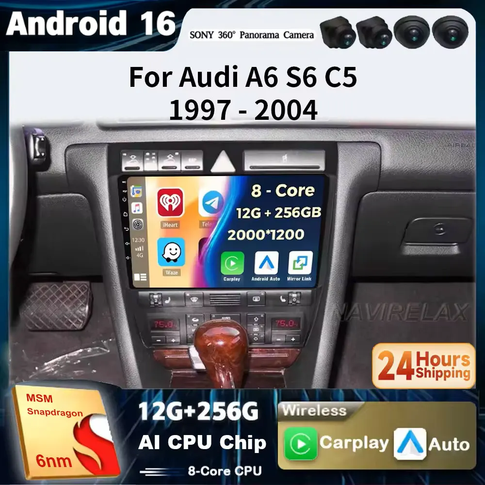 Car Radio Android 16 for Audi A6 C5 1997-2004 S6 1999 - 2004 RS6 2002 - 2006 Multimedia Player 2Din Carplay Stereo GPS NO DVD