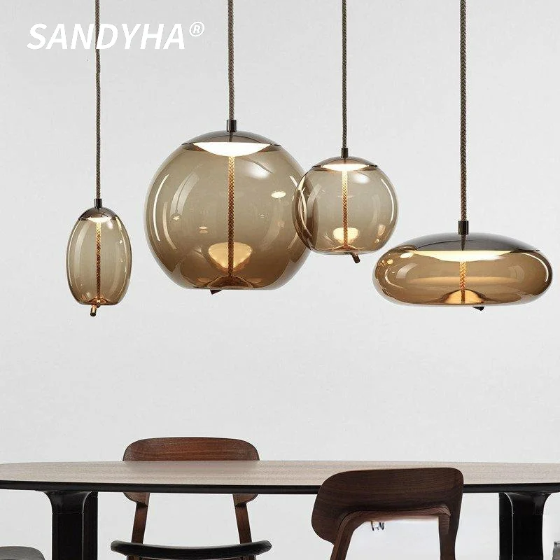 SANDYHA Thin Hemp Rope Simple Nordic Glass Pendant Light Bedside Living Dining Room Chandelier Single Head Home Decor Led Lamp