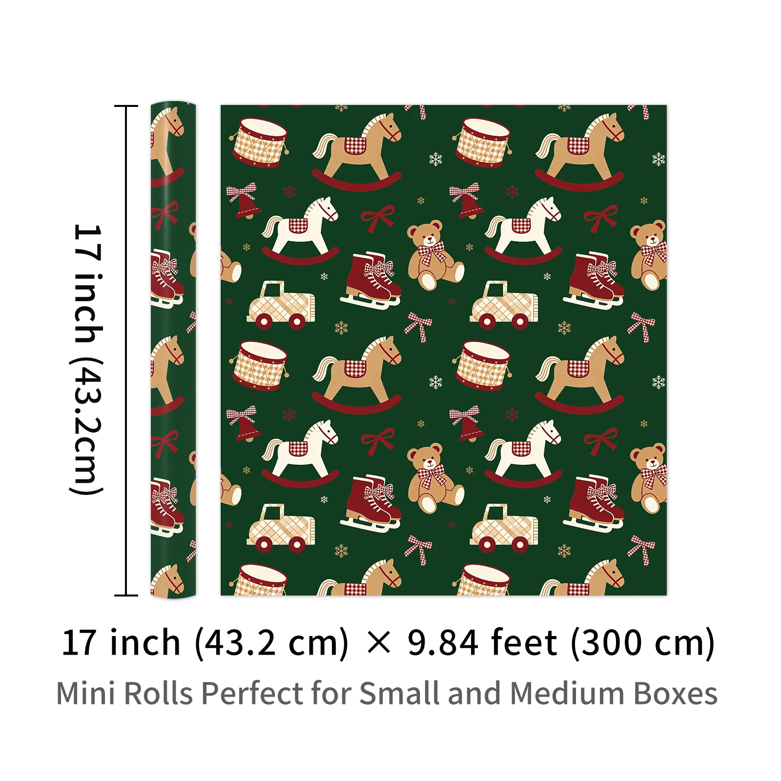 1 Roll of Dark Green Vintage Toy Christmas Wrapping Paper, Rocking Horse Teddy Style, Nostalgic Holiday Gift DIY Decorative Paper, 43.2cm X 300cm (17inch X 9.84 Feet)