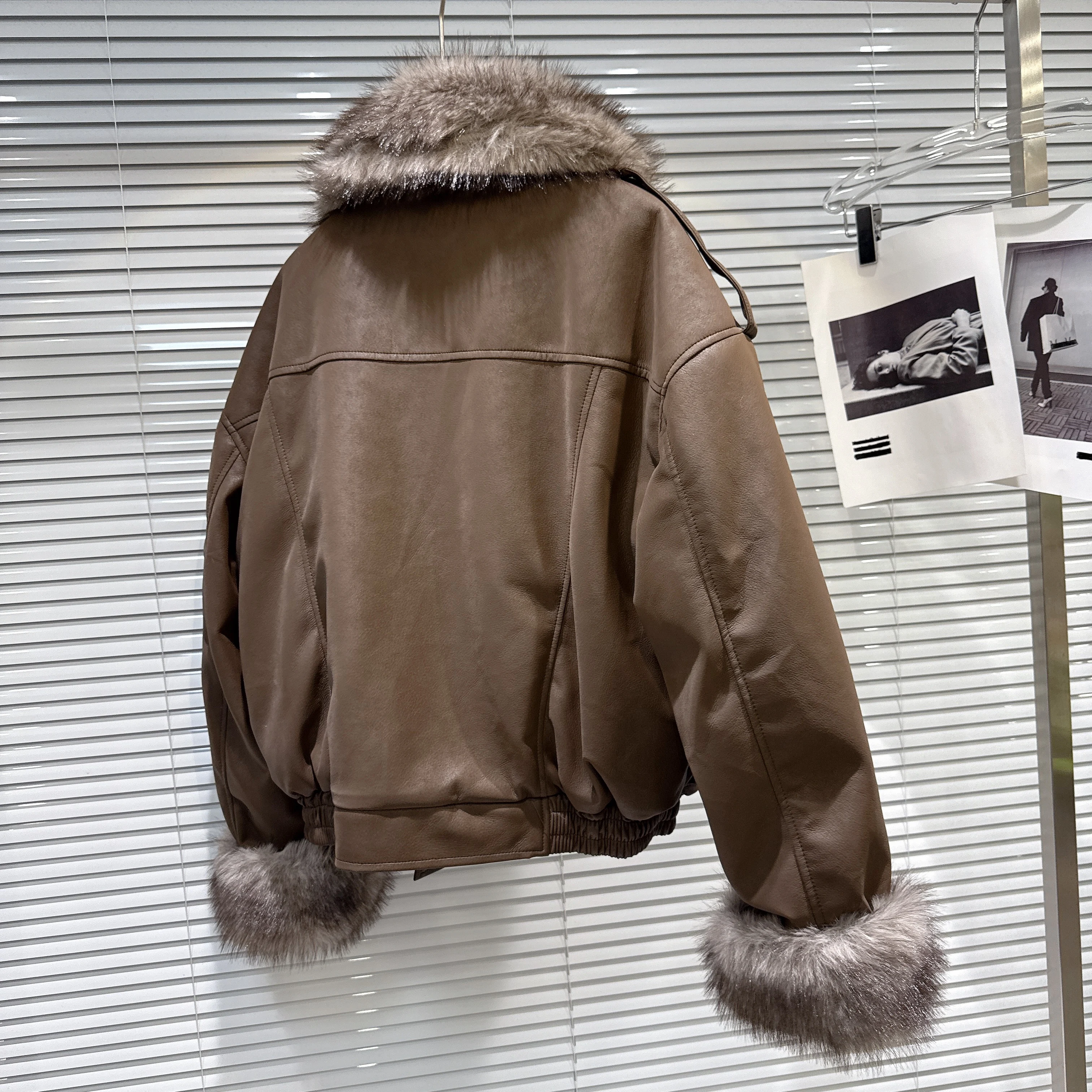 Amerykańska moda streetwearowa, kurtka z imitacji futra z kołnierzem, gruba, pluszowa, luźna, ciepła, krótka kurtka damska, zimowe płaszcze motocyklowe.