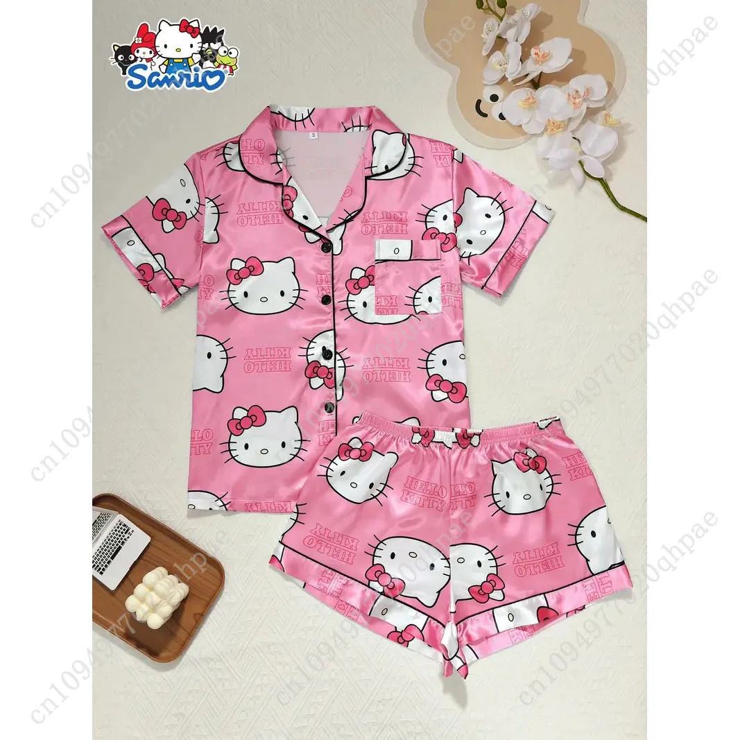 Sanrio HELLO KITTY Printed Pajamas Two Piece Set 1pc Top 1 Shorts Lapel Buttoned Cardigan Home Suit Soft Pj Set view 3