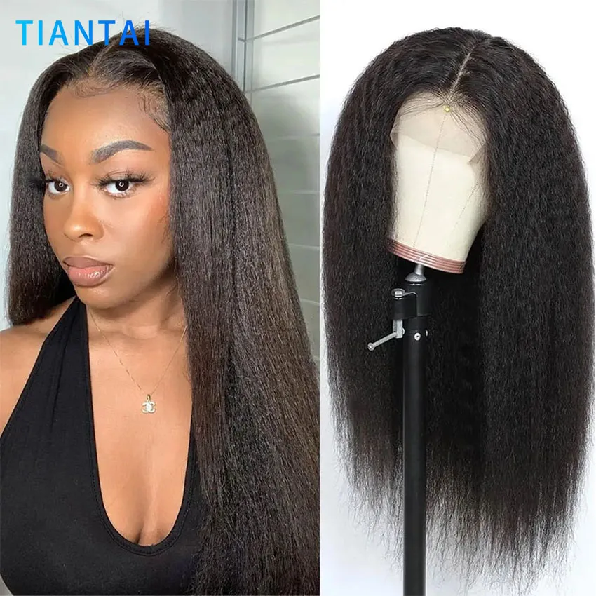 Kinky Straight Human Hair Wig 13x4 Lace Front Wig Transparent Pre Plucked Brazilian Lace Frontal Human Hair Wig For Woman