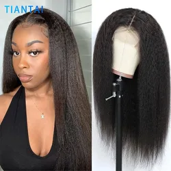 Kinky Straight Peruca de Cabelo Humano para Mulheres, Lace Front, Transparente, Pré Arrancado, Brasileiro, 13x4