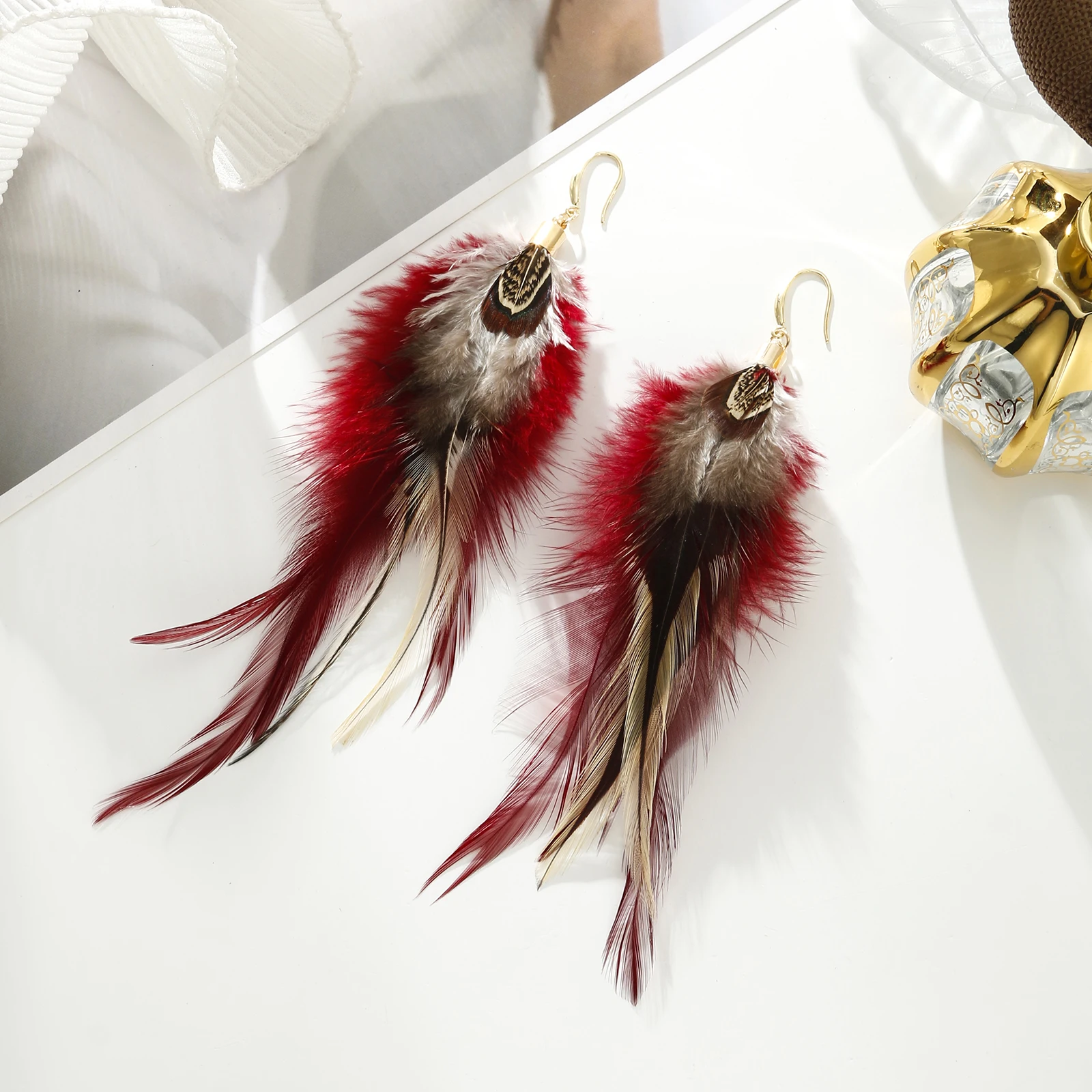 lureme Bohemian Style Multicolor Pheasant Feathers Dangle Earrings for Women Girls Large Feather Drop Earrings(er006405-9)