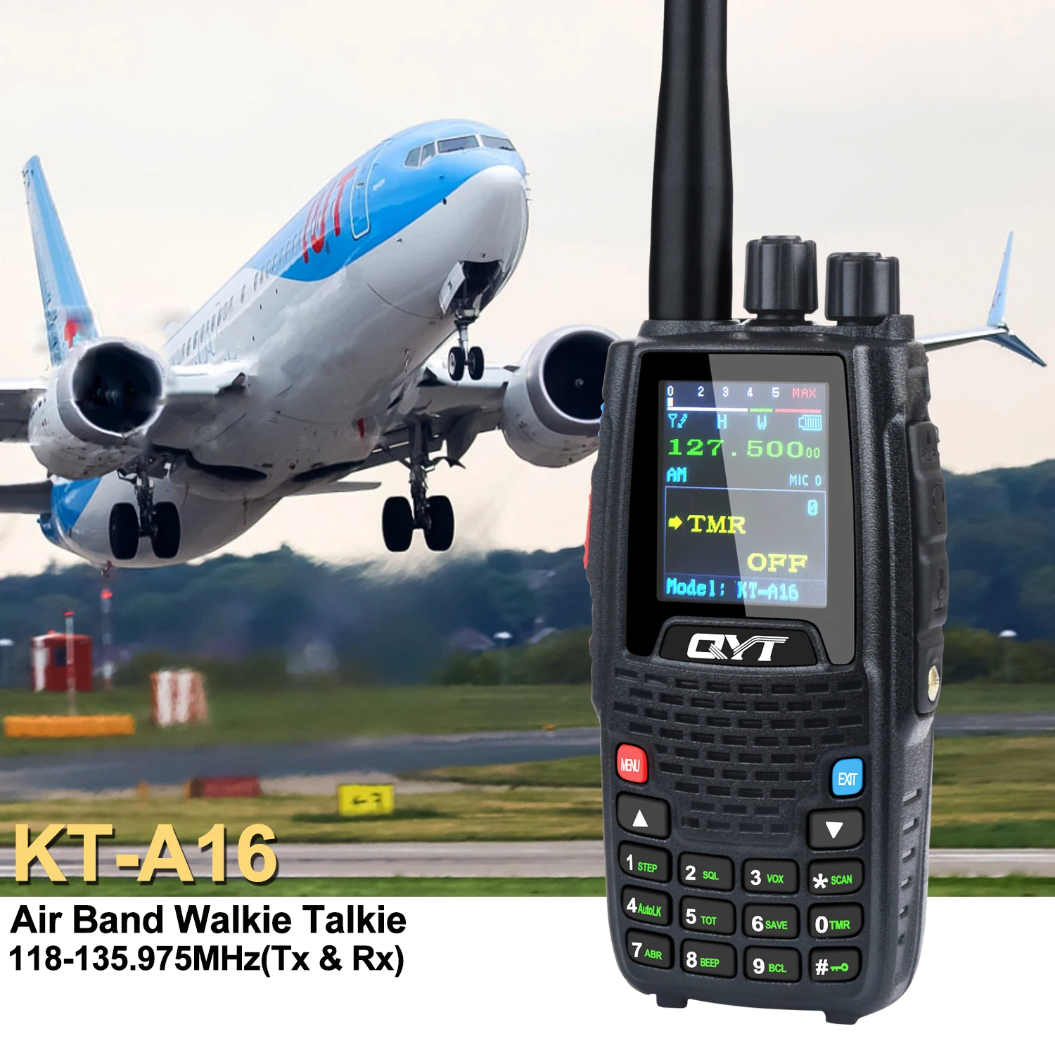 

VHF Walkie Talkie Air Band Tx118.000-136.999MHz Rx108.0000-136.999MHz 6W 200Ch W/NOAA Weather forecast Channels VOX QYT KT-A16