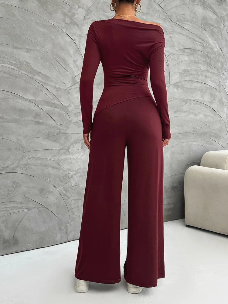 FTLZZ Autumn Winter Women Two Piece Sets Solid Slim Tops and Wide-leg Trousers Casual Lady Suits