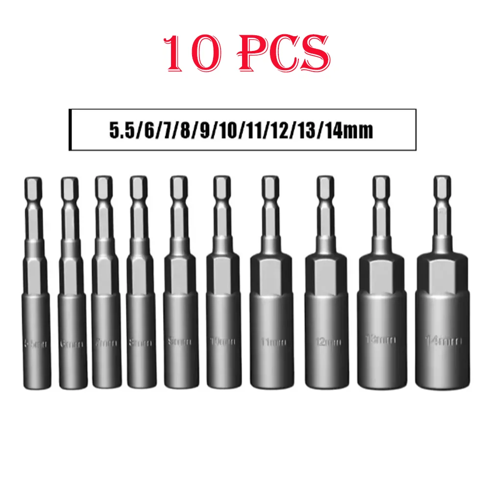 10 Pcs 1/4 Inch Hex Nut Driver Magnetic Extension Socket Drill Bit Holder, High-carbon Steel Length Deepen Impact Socket