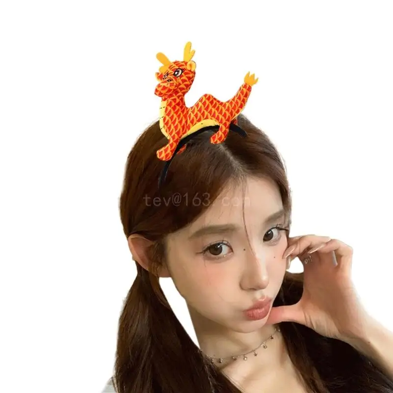 Chinese Seraphim Headband for Women Girls Cute Dragon Chinese Zodiac Headwear Plush Dragon for New Year Party