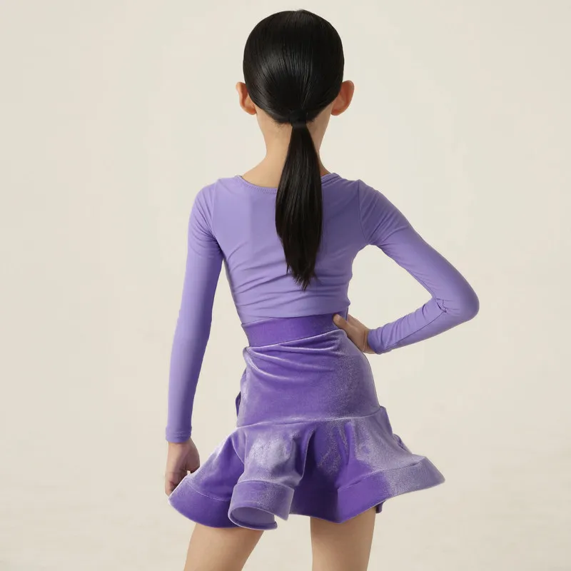 Kids High-End Latin Dance Two-Piece Set Purple Velvet Floral Ruffle Skirt Long Sleeve Daily Ballroom Practice Recital Dancewear