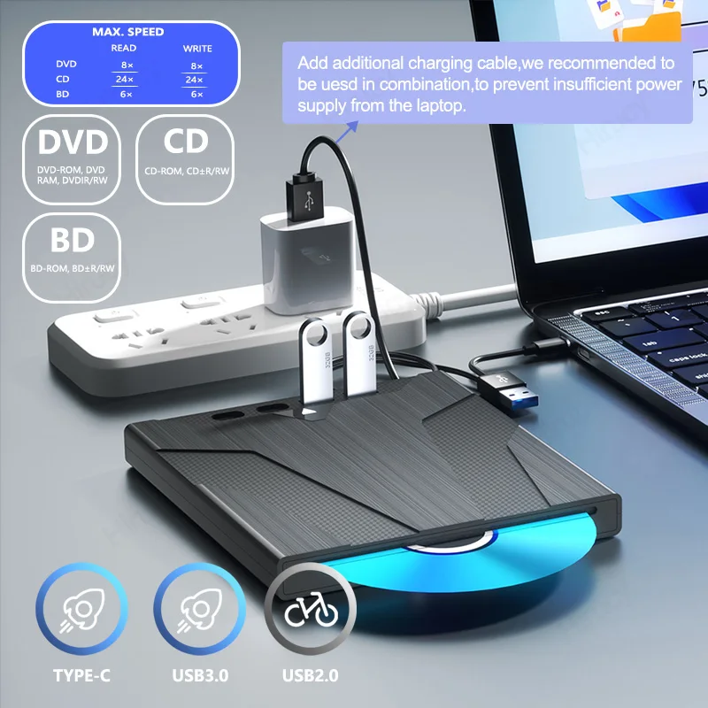 Imagem -03 - Óptica Bluray Externa com Bolsa de Armazenamento Sucker tipo cd Dvd Mais rw Drive Burner Writer para pc Portátil Windows em Unidade