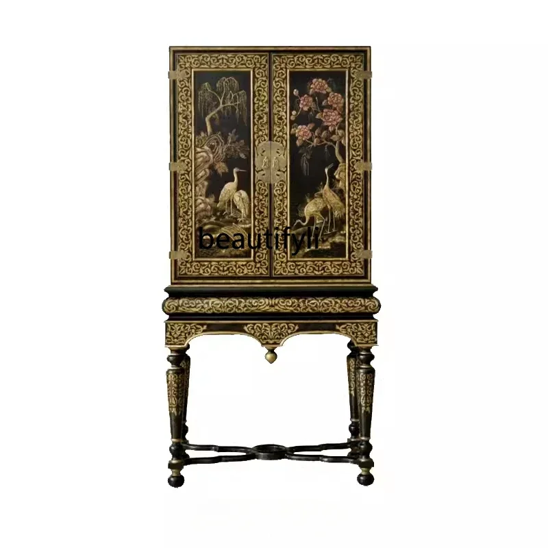 French luxury tall decorative cabinet carved storage wine cabinet European retro painted bookcase