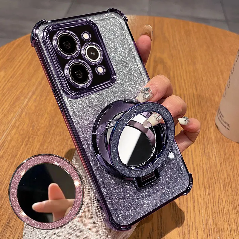 Fashion Glitter Magnetic Mirror Holder Silicone Case for Realme 15 Pro 15T 14X C75 C71 Camera Protect Airbag Shockproof Cover
