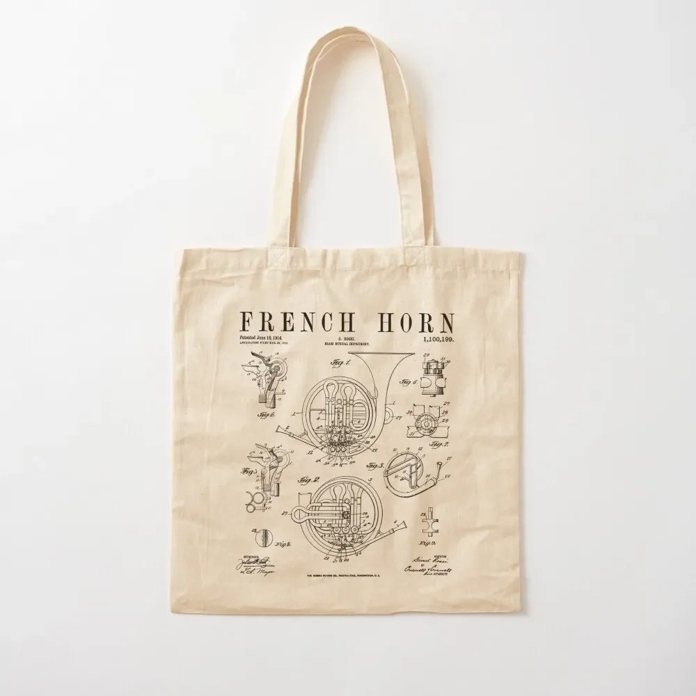 

French Horn Old Vintage Antique Patent Drawing Print Tote Bag ecological bags canvas shopping bag custom fabric bag