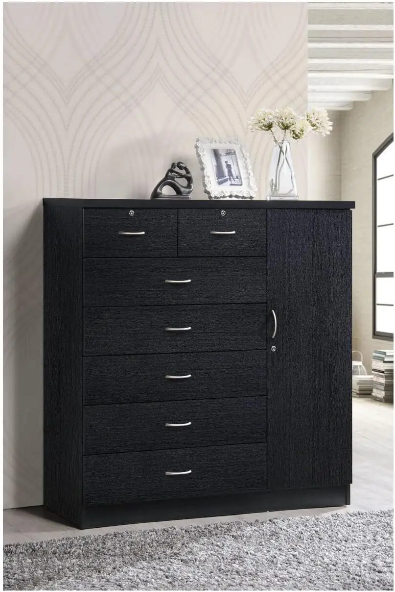 

Hodedah 7 Drawer Jumbo Chest, Five Large Drawers, Two Smaller Drawers with Two Lock, Hanging Rod, and Three Shelves | Black