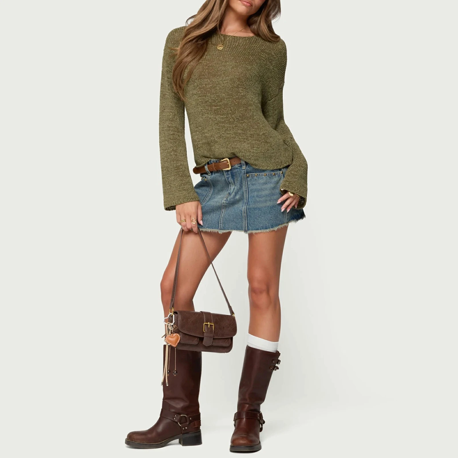 Women Flare Long Sleeve Y2k Sheer Mesh Knitwear Drop Shoulder Shirts Boat Neck Lightweight Knit Pullover Sweater Tops