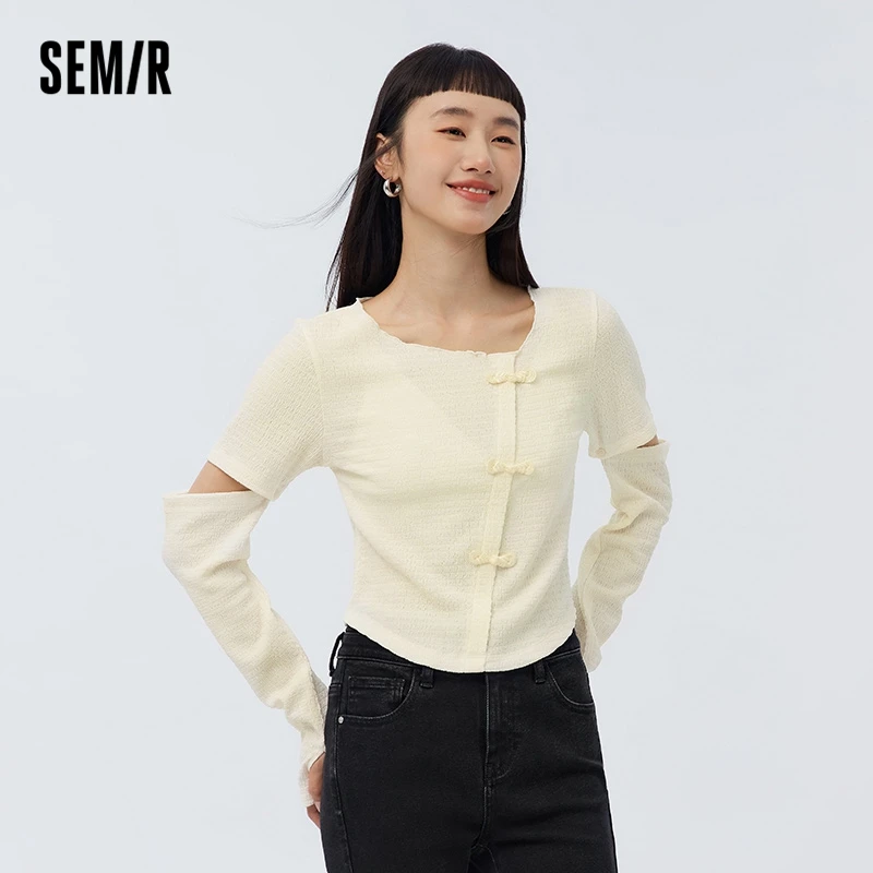 Semir Long Sleeve T-Shirt Women Short Slim Sweet And Cool Little Man 2023 Spring New National Style Button Texture Top