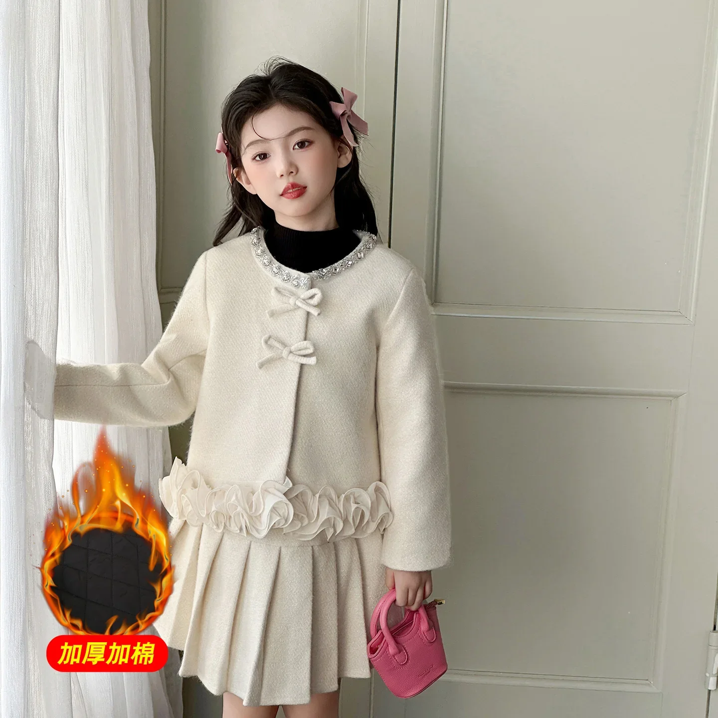 Chic 4-7-8-10 Teen Girls Skirts Clothes Set 3D Bow Thicken Cotton Coat+pleated Skirt 2pcs French Junior Kids Suit Child Outfits
