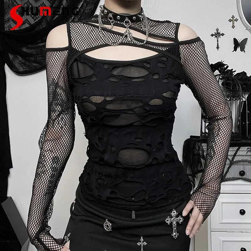 

New Japanese Gothic Hot Girl T-shirt Women's Ragged Style Design Mesh Ripped Black Tight Top Tees Kawaii Clothes Y2k Accessories