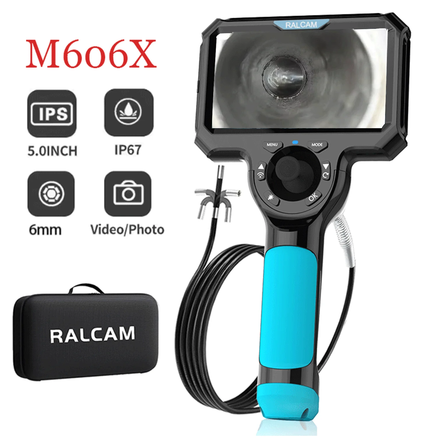 

Ralcam Endoscope Camera 6.2 mm Endoscope 360° Inspection Camera with Light 5.0 Inch HD 1280 x 720 Tube Camera, IP67 Waterproof