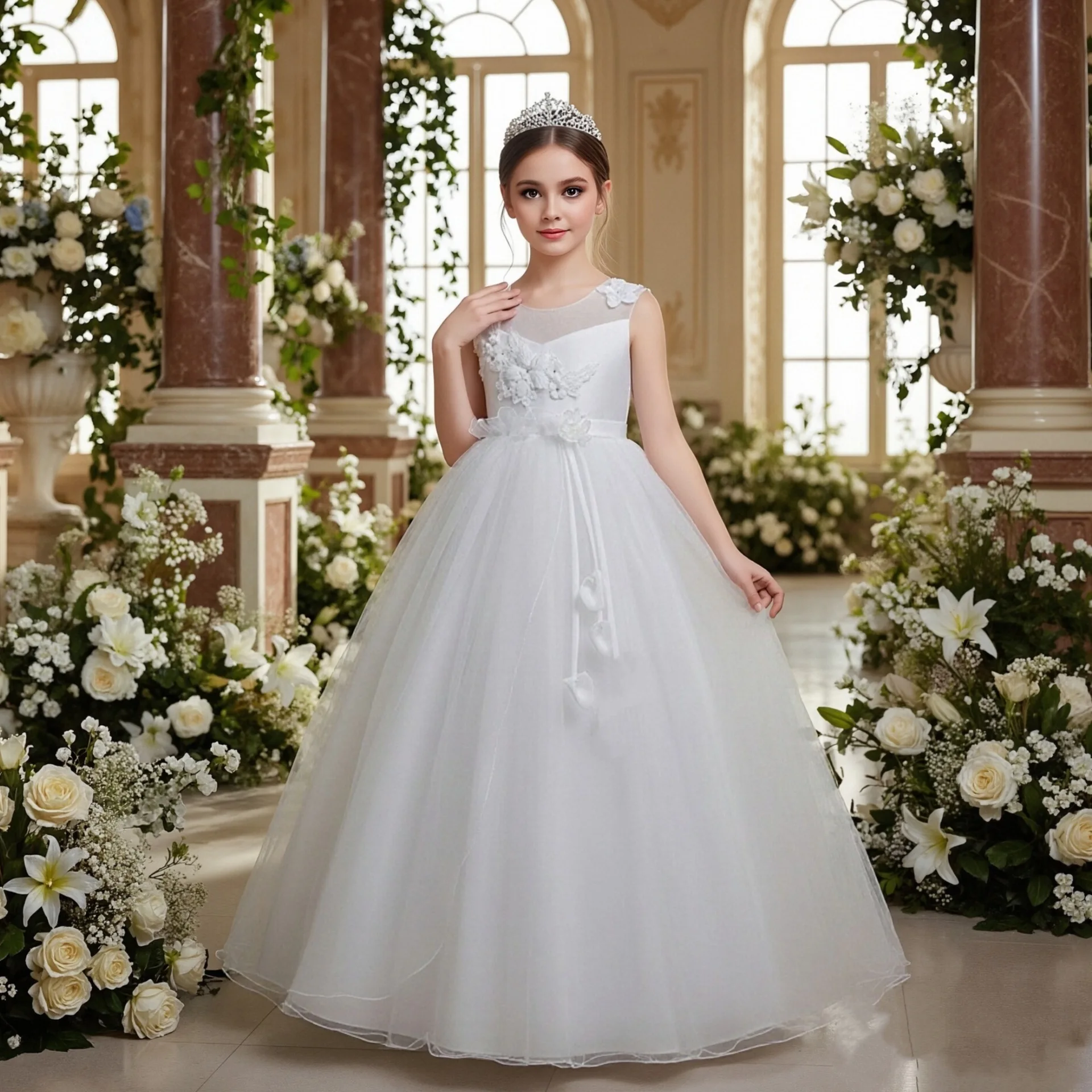 

Teenage Girl Elegant Wedding Dress Kids Piano Performance Evening Gown Girls Birthday Dress Children's Baptismal White Dress