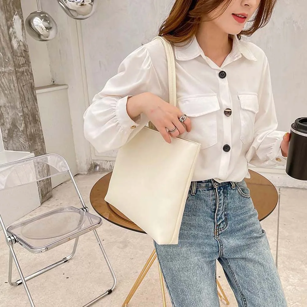 

Storage Bag Elegant Soft PU Tote Bag Large Capacity Anti-splash Water Solid Color Handbag White Grey French Underarm Bag Women