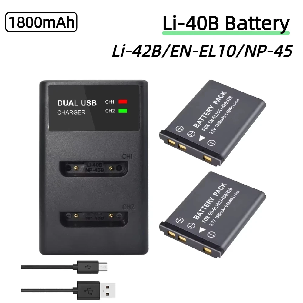 PALO Li-40B Li-42B EN-EL10 NP-45 Battery 1800mAh +LED USB Charger For Olympus IR-300 SP-700 TG-310 VH-210 Li42B Li40B EL10 NP 45