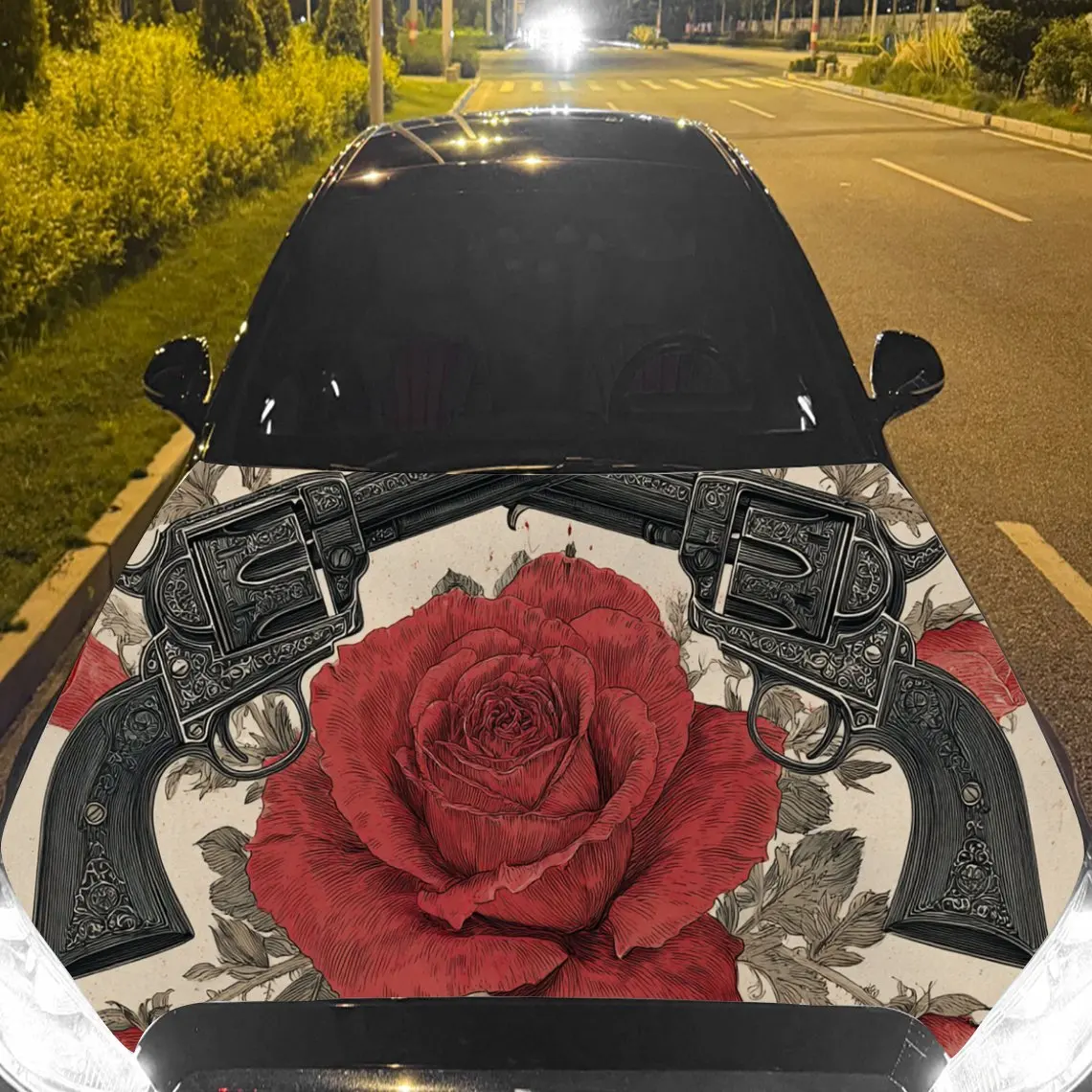 Eye-catching Rose Car Hood Sticker, Waterproof Self-adhesive Vehicle Vinyl Wraps Decal, Trendy Auto Exterior Decoration, Anti-sc