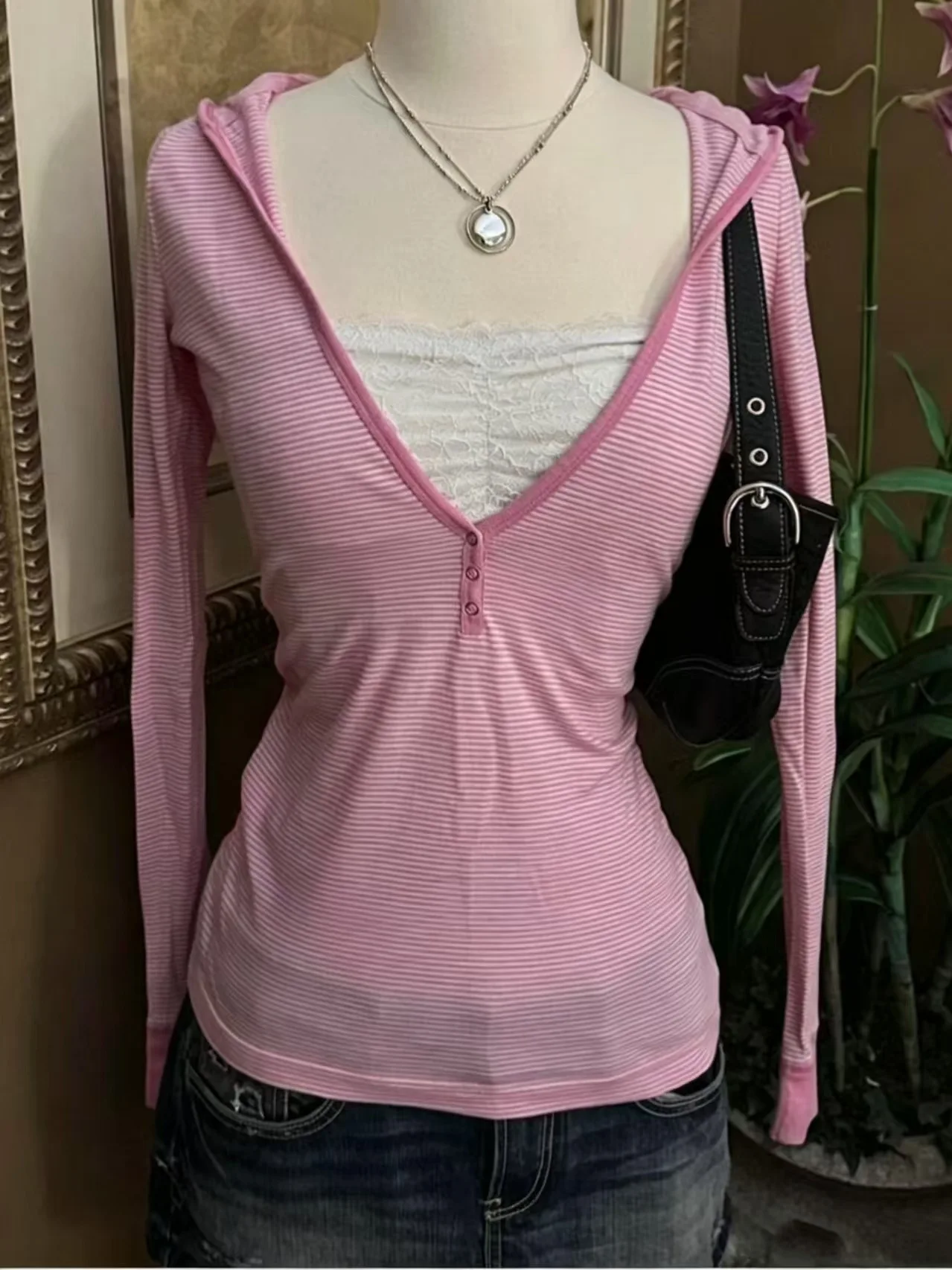 HANYAYA Y2K American Vintage Pink Striped Long Sleeve Hooded T-Shirt Women Spring Autumn Thin Base Layer Top