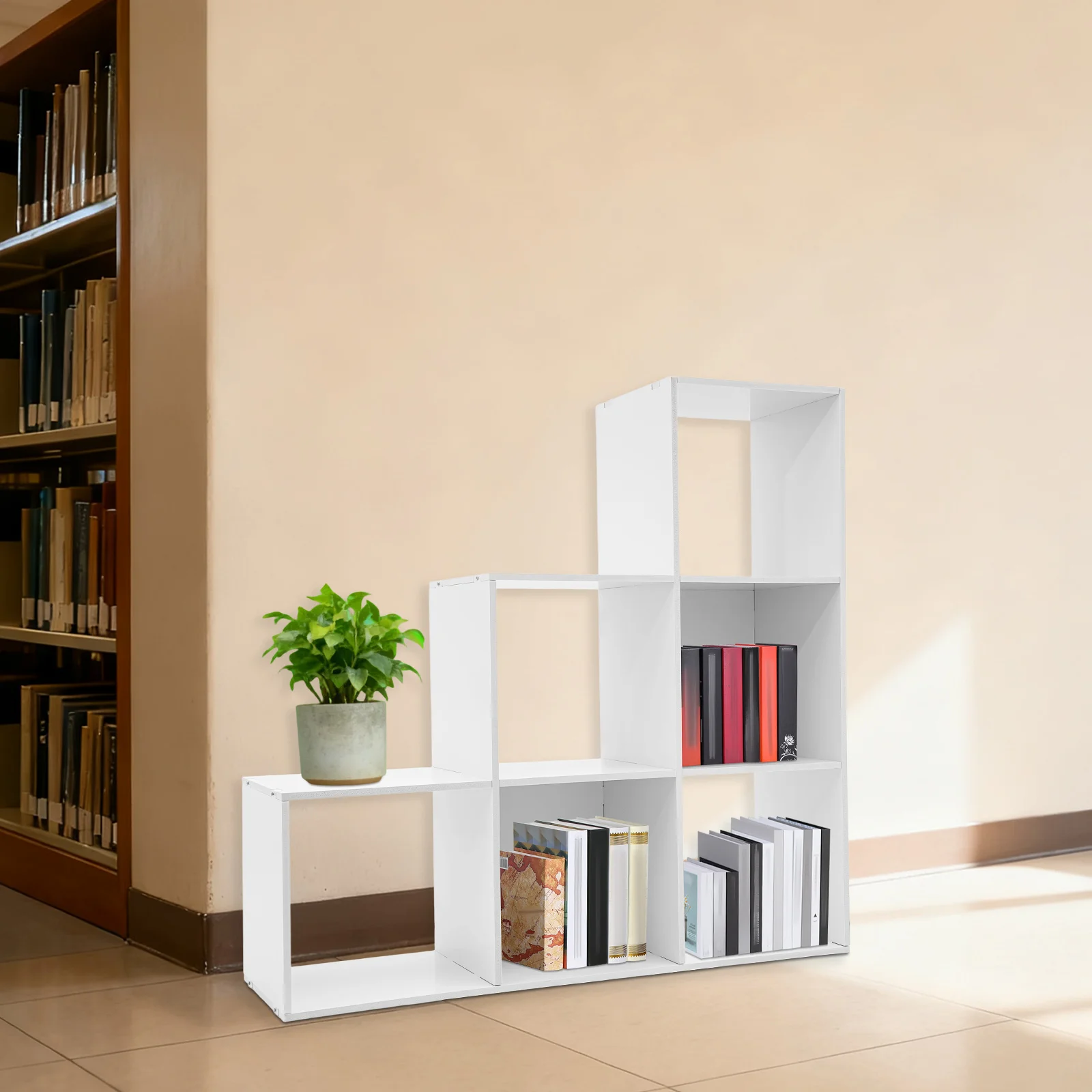 

L-Shaped Storage Bookcase, 6-cube L-Shaped Corner Shelf for Home/Office, Freestanding L-Shaped Stepped Bookcase