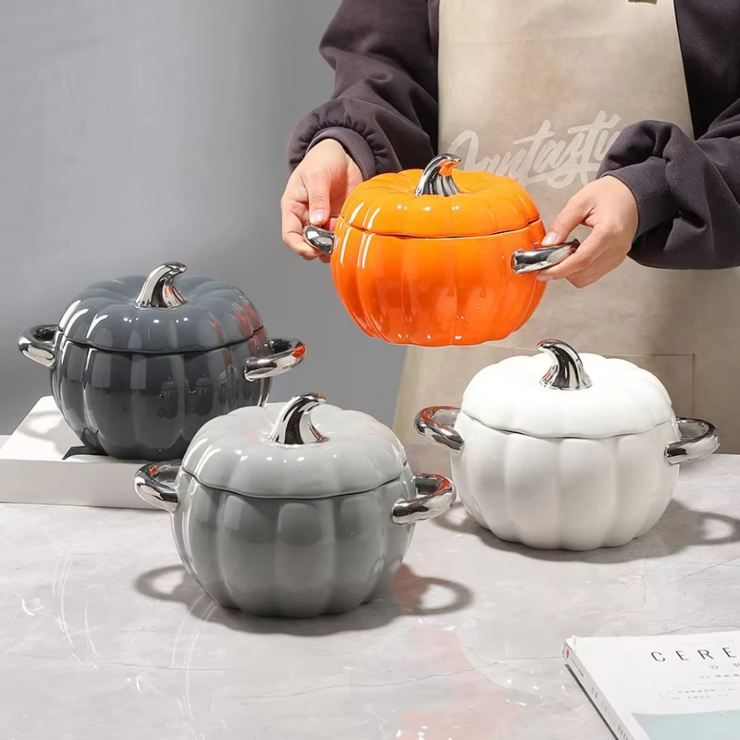 Halloween Decorations Creative Pumpkin Shape Eco-friendly Ceramic Container Tableware Stew Soup Bowl With Lid