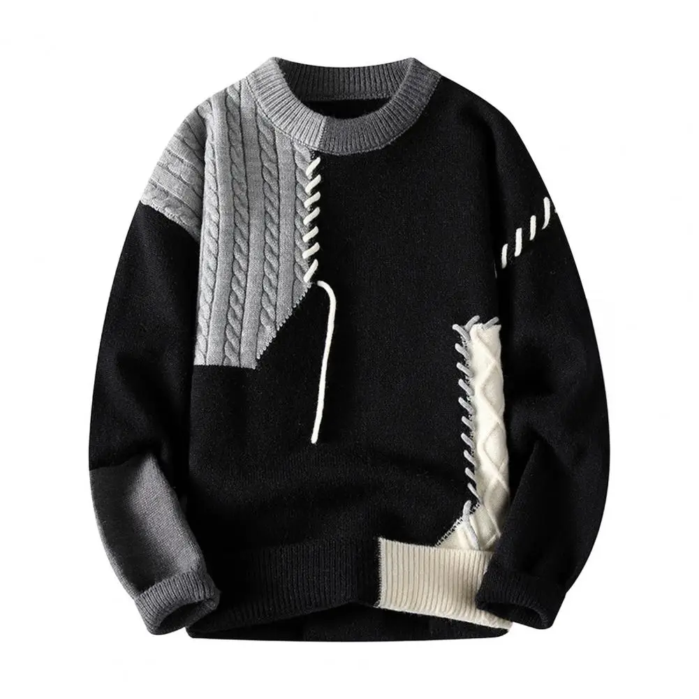 

Contrasting Color Splicing Sweater Men's Color Block Knit Sweater with Round Neck Loose Fit Thick Warm Pullover for Casual