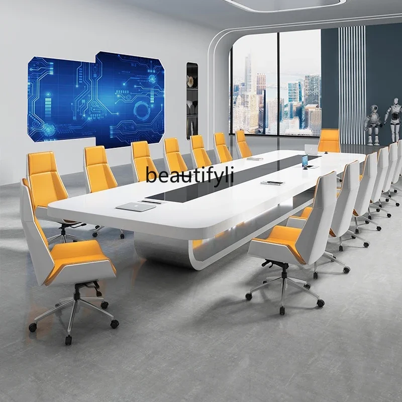 

Simple and modern white large open conference table and chair combination training meeting room, painted conference table Y