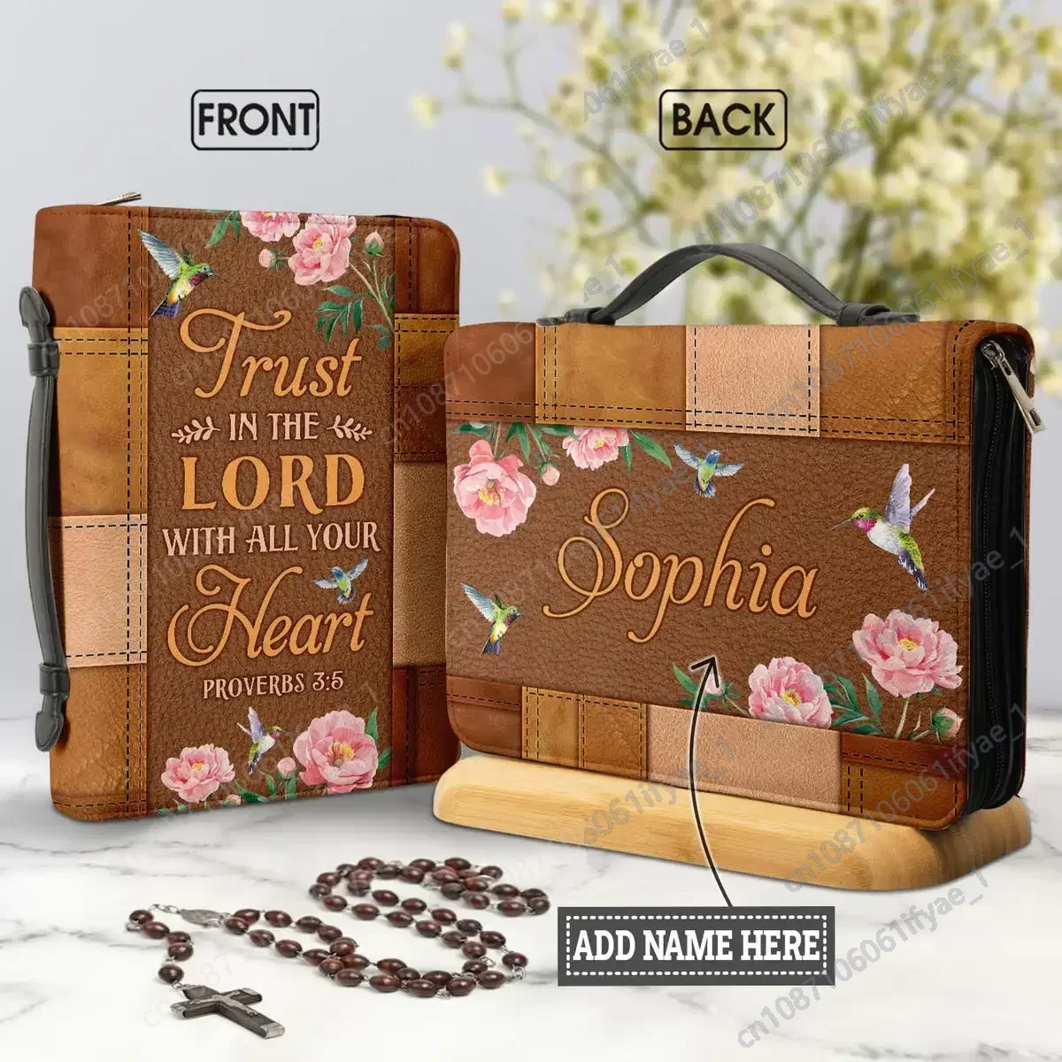 

2023 Personalized Bible Cover Rose and Hummingbird Bible Verse Print Carry Bag Protective Leather Bible Storage Bag for Women